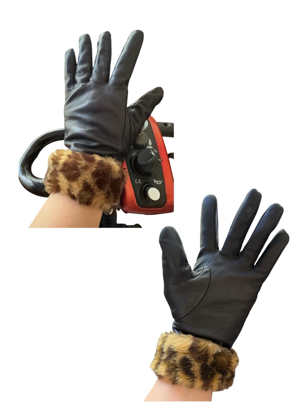 Vintage 1993/94 Genuine Leather Black Faux Leopard Fur Cuff Gloves